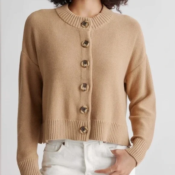 Quince Organic Cotton Cropped Cardigan Sweater Camel Brown Faux Horn Button Sz M - Picture 2 of 16